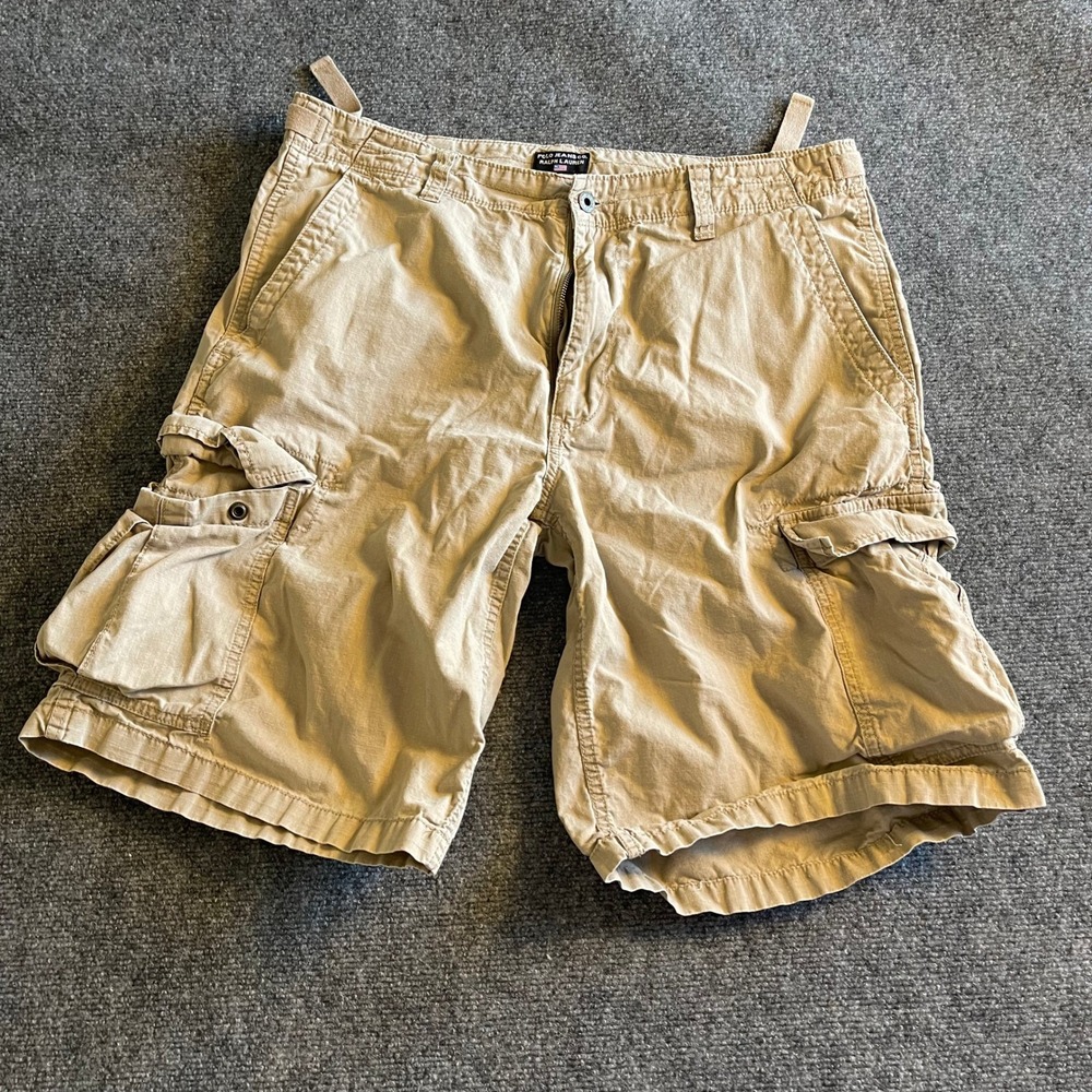 Polo Jeans Co Ralph Lauren Mens Khaki Cargo Shorts Size 36 Tan Ripstop Cotton